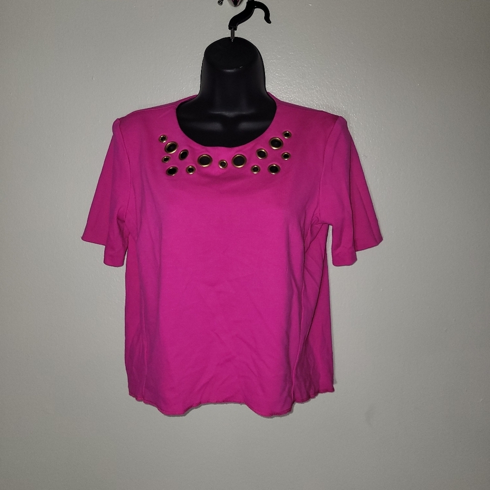 Amanda Uprichard Hot Pink Short Sleeve Gold Grommet Top